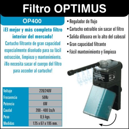 Filtro interior Optimus OP400. Caudal 200-400Lts/h